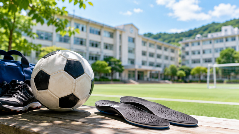 兵庫県の高校をイメージした校舎、サッカーボール、スポーツ用インソール
