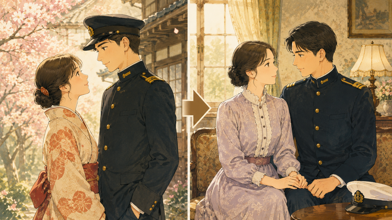 「前作→続編」の変化が伝わる、昭和風の女性と海軍士官の夫婦をイメージ