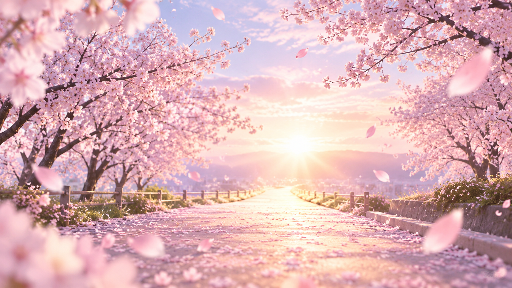 桜をイメージした淡いピンクと白の背景に、卒業や新しい出発を連想させる光の差す一本道。実在人物は描かず