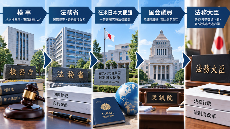 山下貴司氏の検事から法務大臣までの経歴を示したイラスト