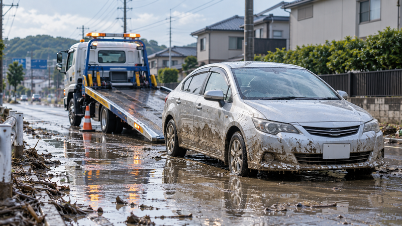 冠水後の道路でエンジンをかけずロードサービスによる搬送を待つ車