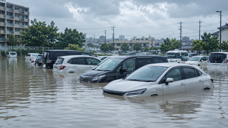 豪雨で冠水した駐車場に複数の車が水につかっている様子