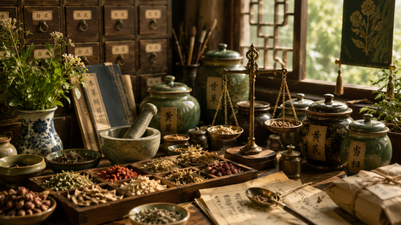薬草や薬壺、天秤が並ぶ薬屋をイメージした静物画