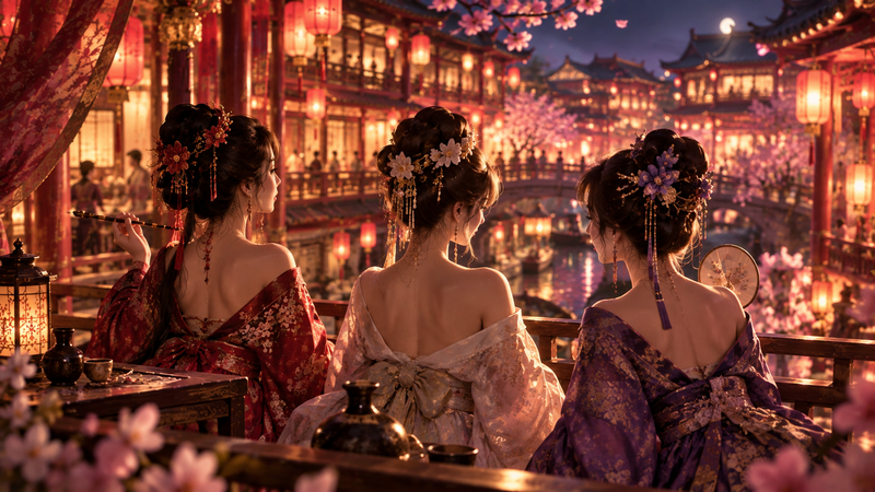 華やかな花街を背景にした三人の女性の後ろ姿