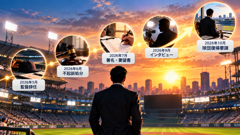 野球場を背景に、監督辞任から巨人への復帰報道までの流れをイメージしたイラスト