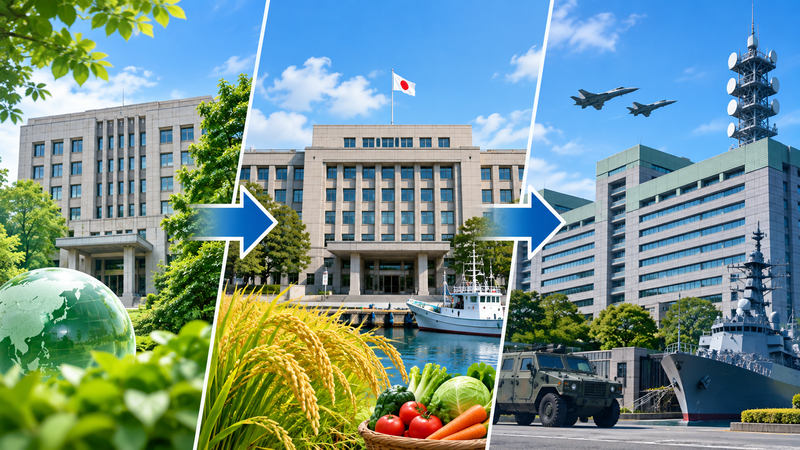 環境大臣、農林水産大臣、防衛大臣という役職の変化を、官庁をイメージした建物と矢印で表現したイメージ