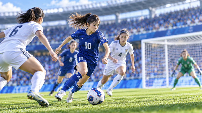 ドリブルでボールを運びゴールへ仕掛ける女子ミッドフィルダーのイメージ