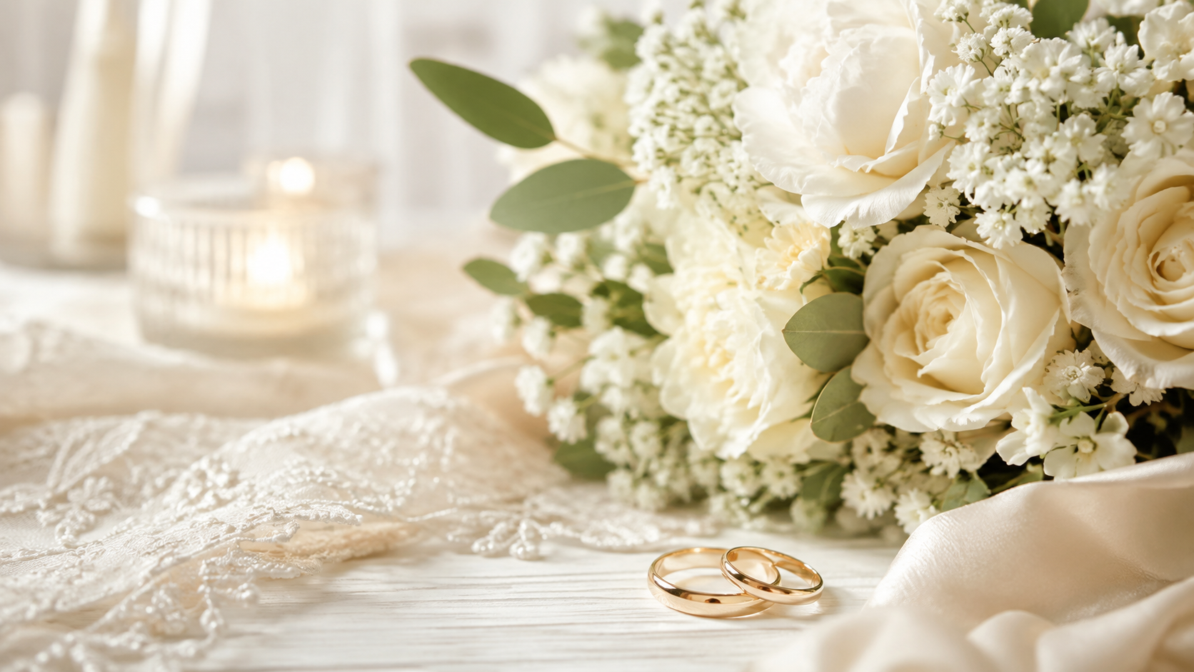 白い花束と金の結婚指輪