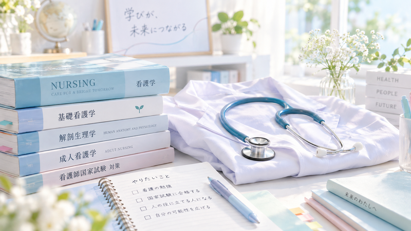看護学校で学び看護師国家資格を取得した髙野真央さんの経歴をイメージしたイラスト