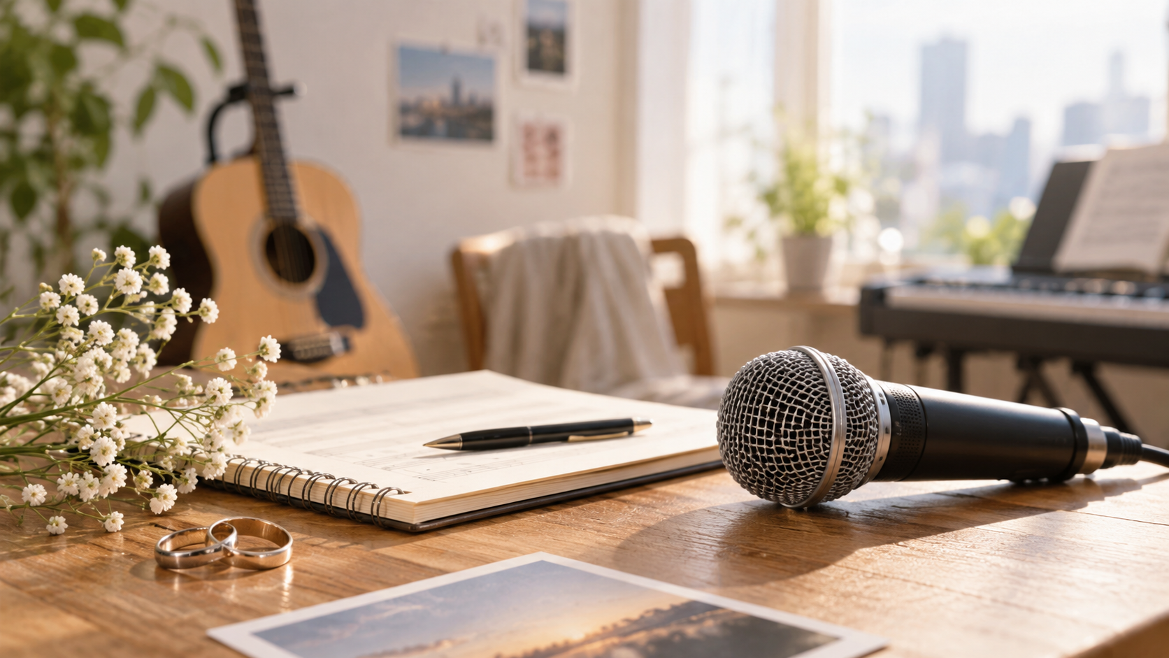 落ち着いた明るい室内を背景に、マイクと音楽を連想するモチーフを配置。