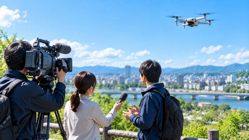テレビの屋外取材とドローン活用をイメージしたイラスト