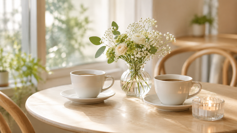 窓辺のカフェテーブルに置かれた2つのコーヒーカップと白い花
