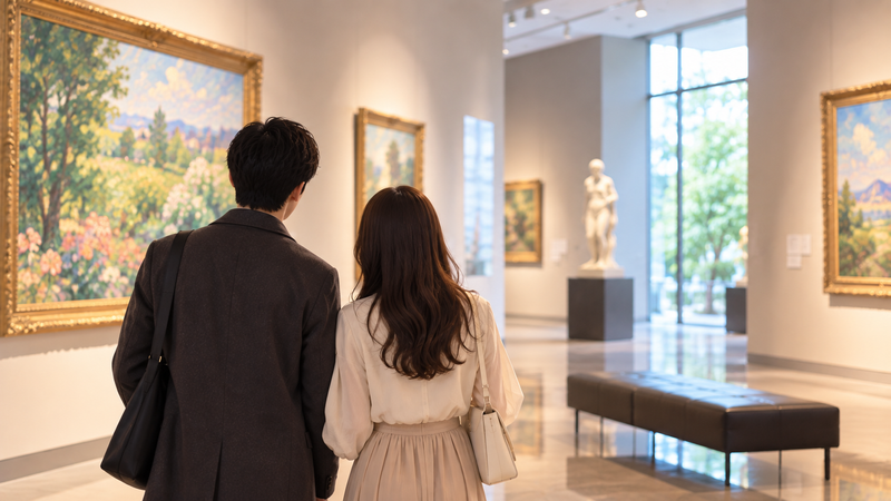 休日の美術館デートをイメージした男女の後ろ姿