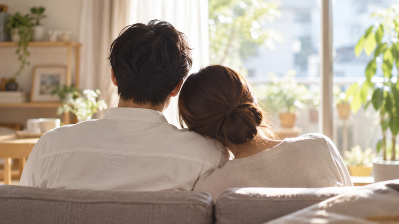 明るいリビングで寄り添う夫婦の後ろ姿