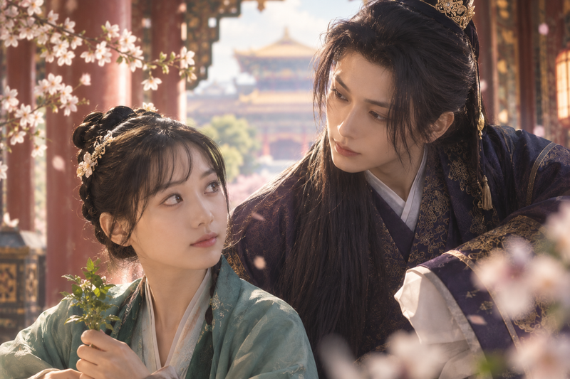実写版『薬屋のひとりごと』の猫猫と壬氏をイメージした後宮の男女のイラスト