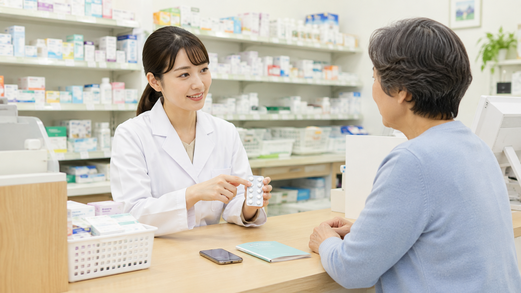 日本の街中にある清潔感のある調剤薬局で、薬剤師が中高年の利用者に薬の説明をしている場面。