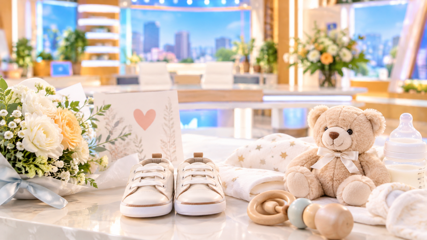 明るいテレビスタジオを背景に、ベビーシューズやぬいぐるみ、花束などのベビー用品が並ぶイメージ