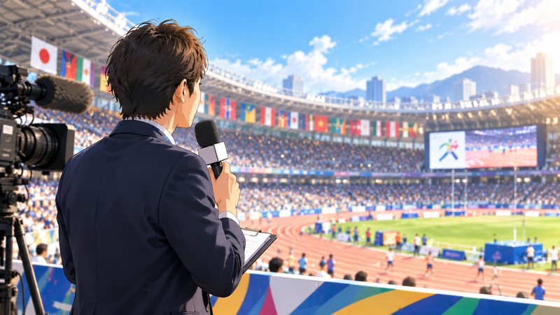 大型スポーツ大会を現地から伝える男性アンバサダー
