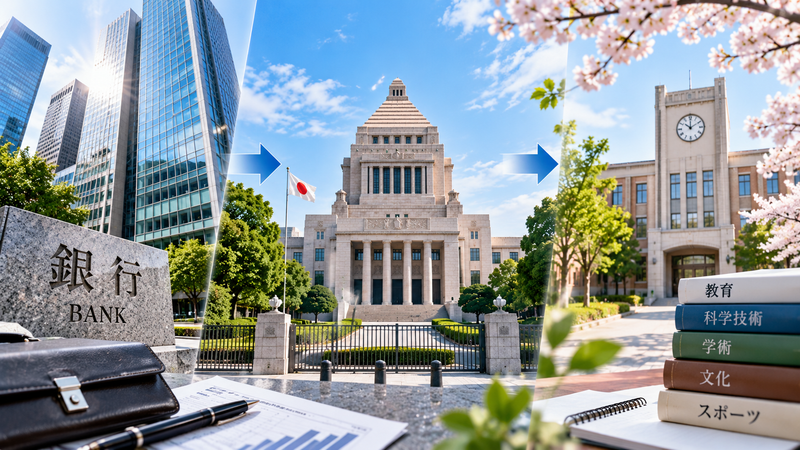 銀行、国会、教育分野への歩みを表したイメージ