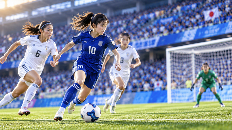 大きなスタジアムでプレーする若い女子サッカー選手のイメージ