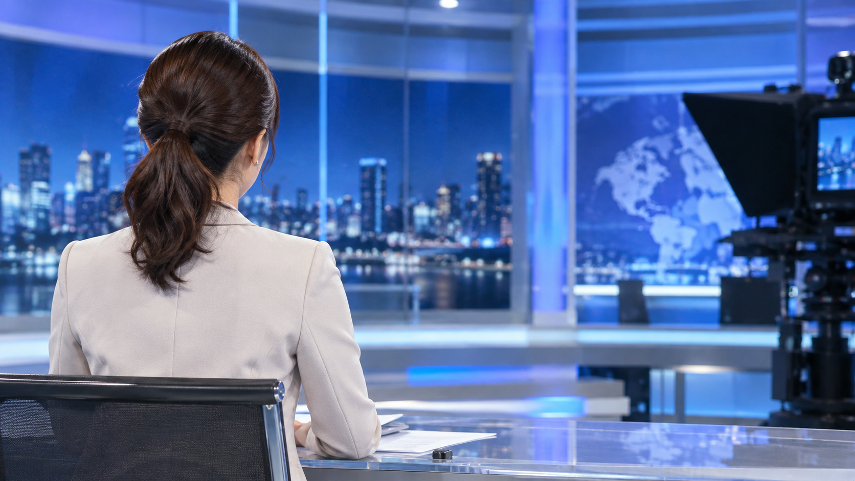 落ち着いたテレビ報道スタジオを背景にした女性アナウンサーの後ろ姿。