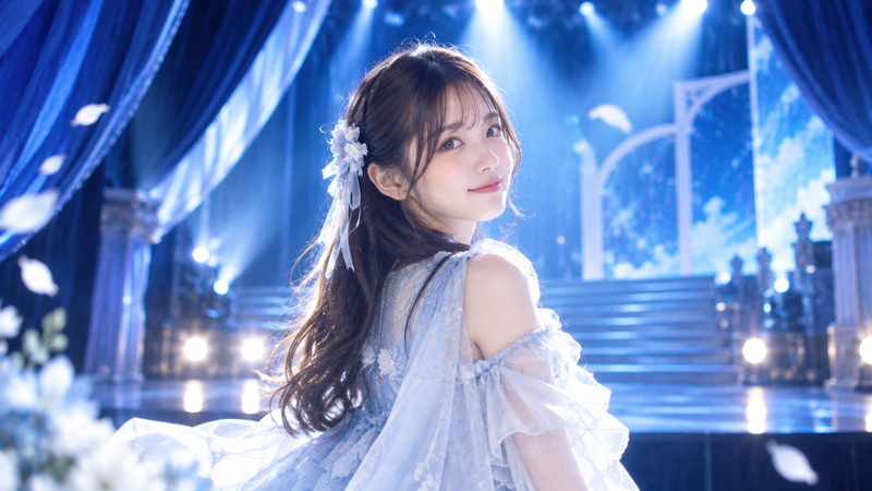 青いスポットライトが照らす舞台に立つ若手女性アイドル風イラスト
