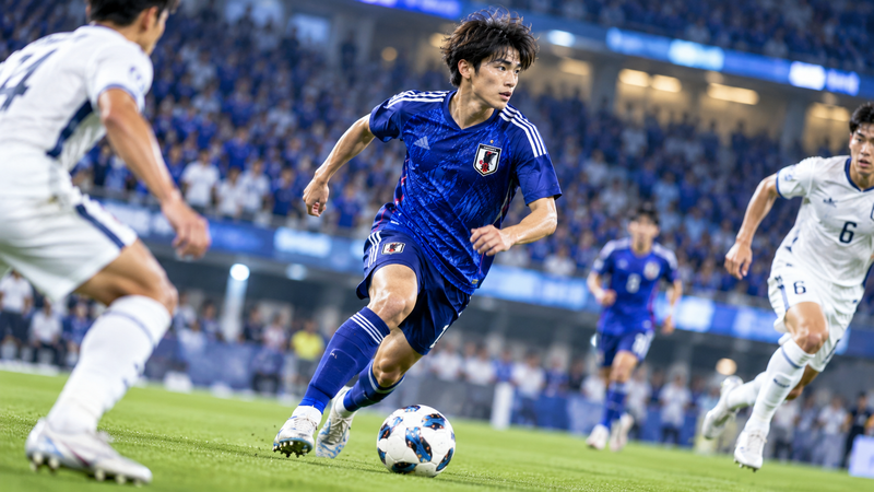 日本のサッカースタジアムを背景に、青系ユニフォームを着た若手サッカー選手がドリブルしているイメージ。