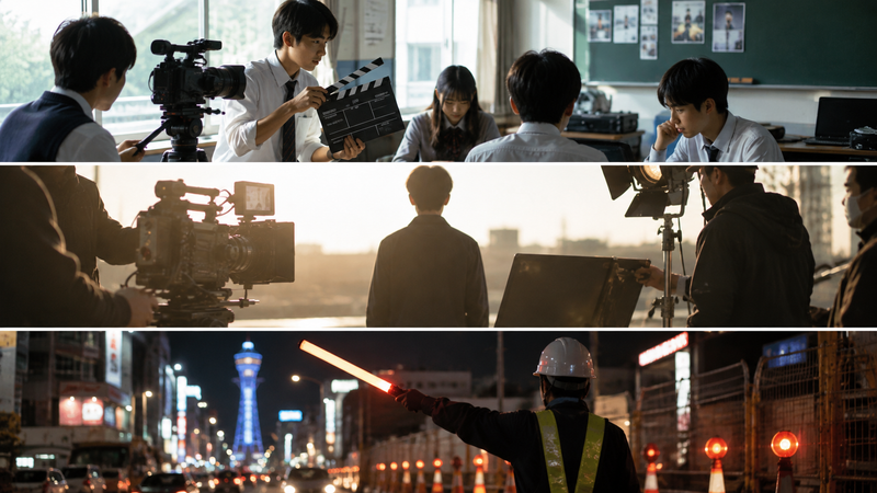 学生の映像制作、映画撮影現場、大阪の夜の交通誘導を描いたイメージ