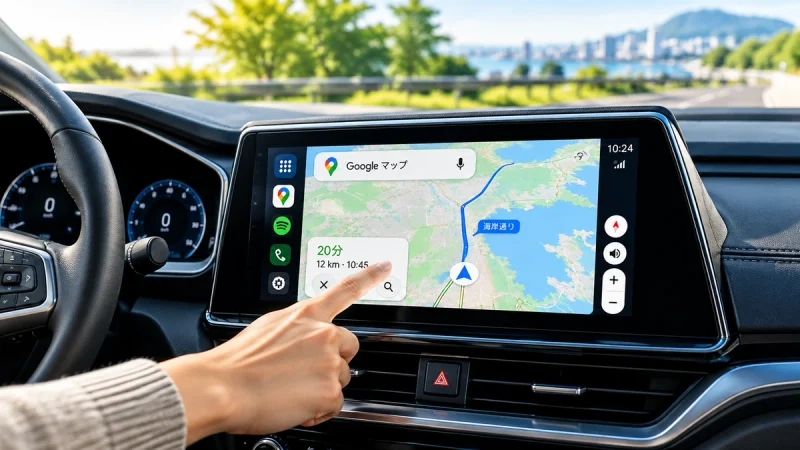 車の中央ディスプレイに表示されたGoogleマップを指で操作するカーナビのイメージ