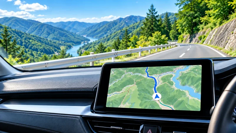 日本の山間部を走る車から見た道路と、オフラインマップを表示したカーナビのイメージ