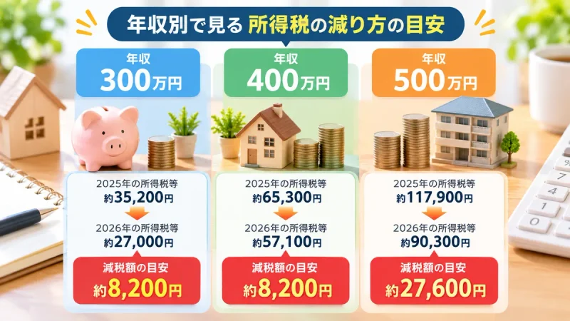 年収によって所得税の減り方が異なることを比較するイメージ
