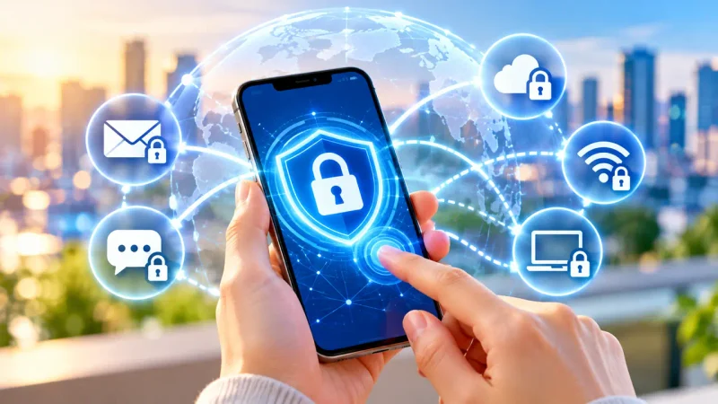 スマートフォンと鍵のマークを組み合わせた通信保護のイメージ