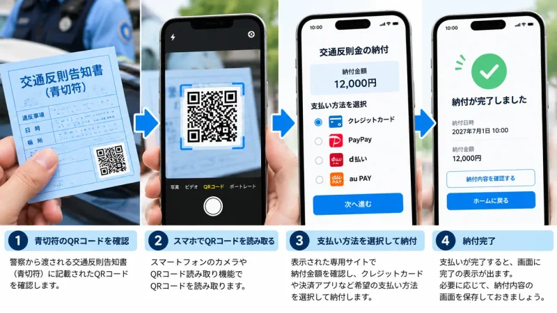 交通反則告知書のQRコードをスマートフォンで読み取り、反則金を納付する流れを説明したイメージ図