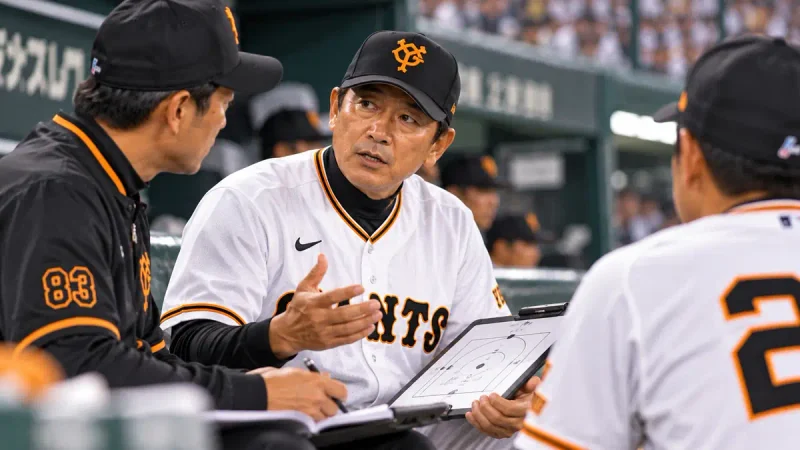 日本のプロ野球のベンチでコーチと試合の作戦を話し合う監督代行のイメージイラスト