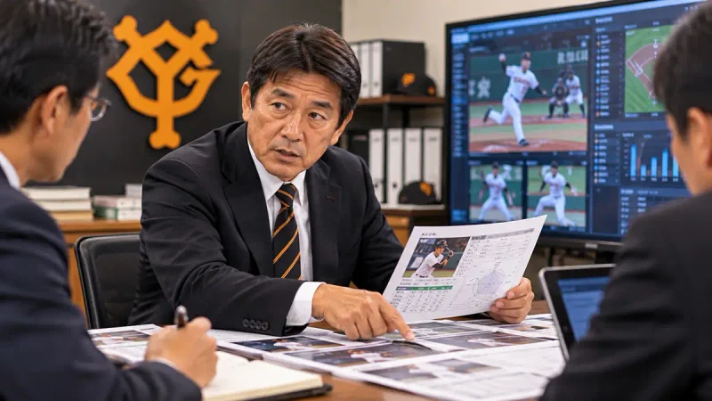 球団の編成担当者が選手の映像や資料を確認する様子のイメージイラスト