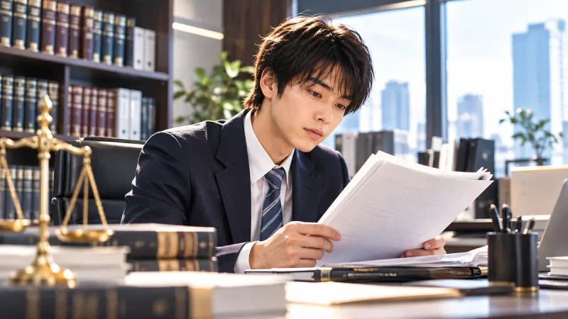 法律事務所で資料を読む若い弁護士のイメージイラスト。細田佳央太さん本人やドラマの出演場面ではありません