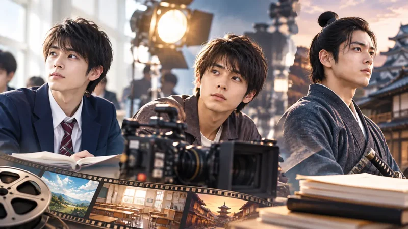 映画撮影・学校・時代劇を題材にした出演歴のイメージイラスト。細田佳央太さん本人の写真ではありません
