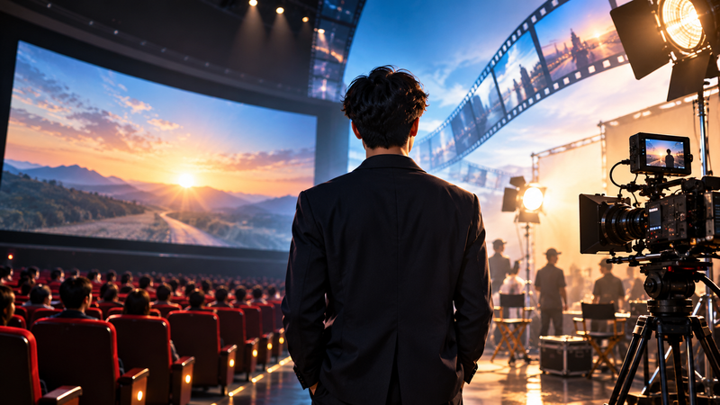 映画館のスクリーンと撮影用カメラを配置し、今後の主演映画への広がりをイメージ。