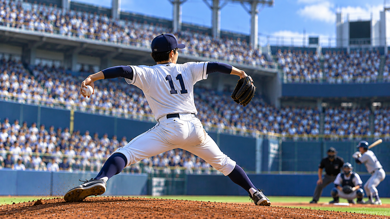 2026年全日本大学野球選手権で好投する渡辺和大をイメージした野球イラスト