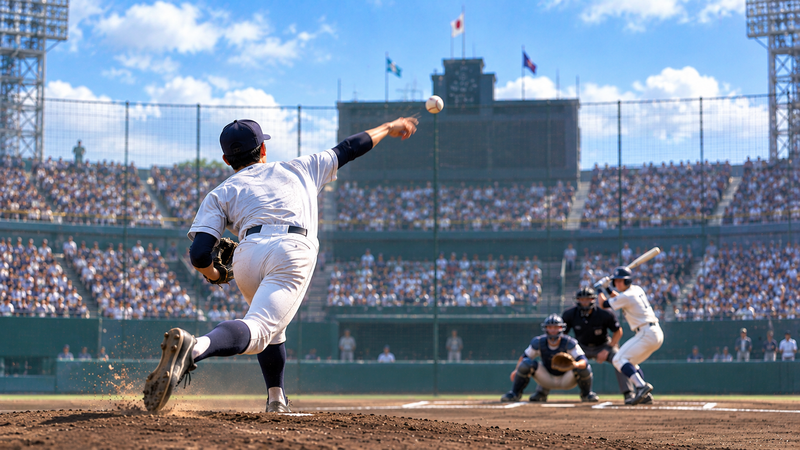 最速157キロの速球を投げる織田翔希をイメージした高校野球の右腕投手のイラスト
