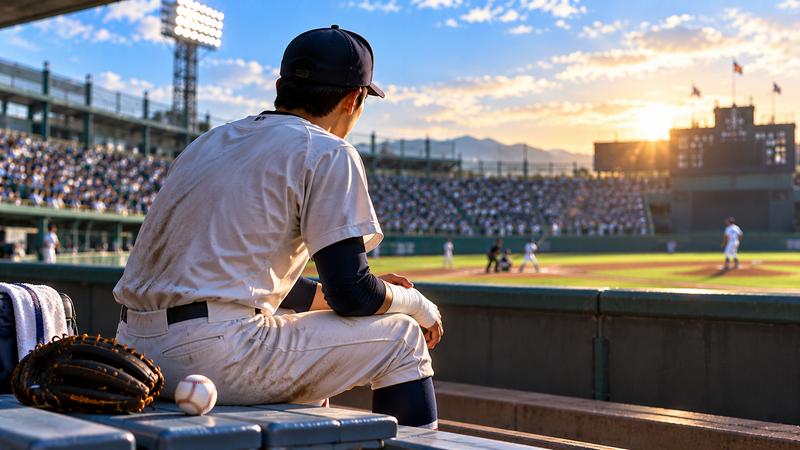 2026年センバツで左手首を骨折し復帰を目指した菰田陽生をイメージした野球イラスト