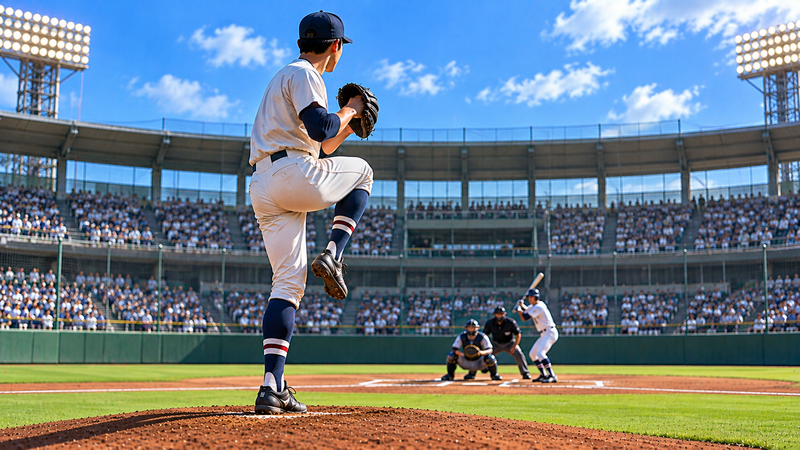 2026年ドラフト候補として注目される山梨学院の二刀流・菰田陽生をイメージした野球イラスト