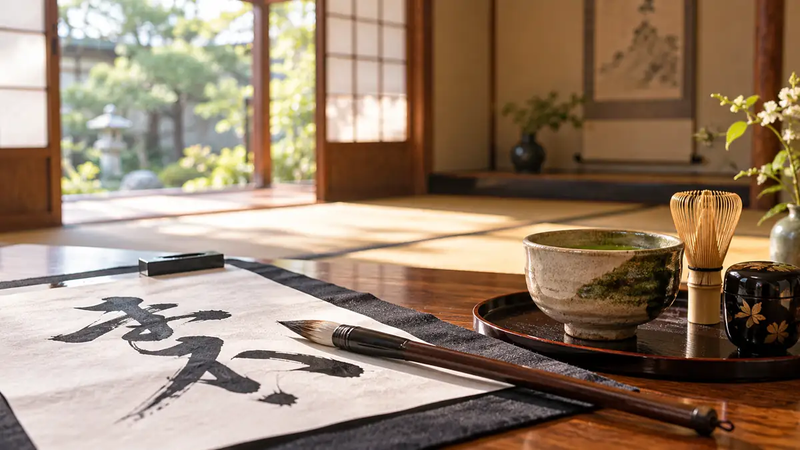 日本の和室に書道の筆と半紙、茶道の茶わんと茶せんを配置したイメージイラスト