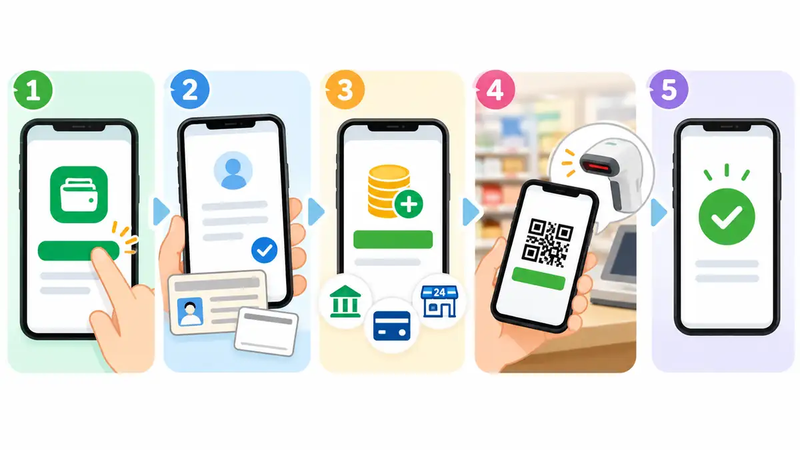 モバイルSuicaアプリからteppayを登録し、チャージして店舗で支払うまでの流れを示したイラスト
