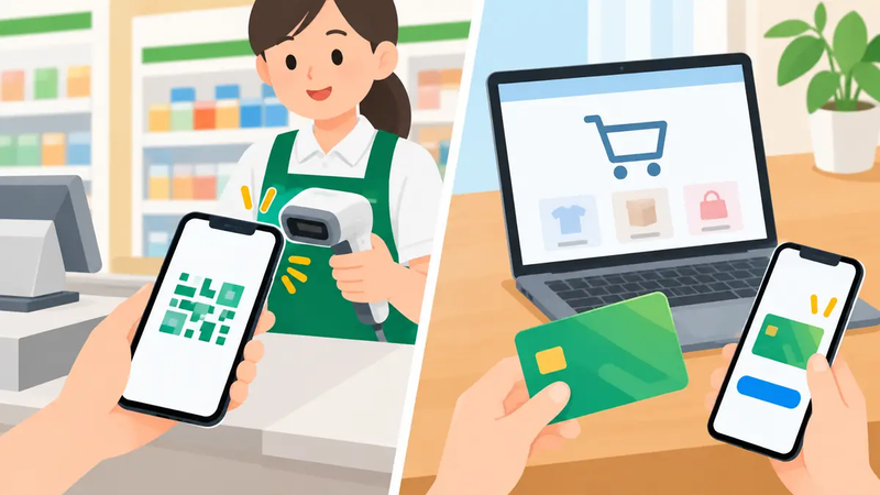 コンビニのレジでのコード決済とteppay JCBプリカによるネット通販を示したイラスト