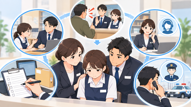 相談窓口や複数人での対応など企業が行うカスハラ対策をイメージした図