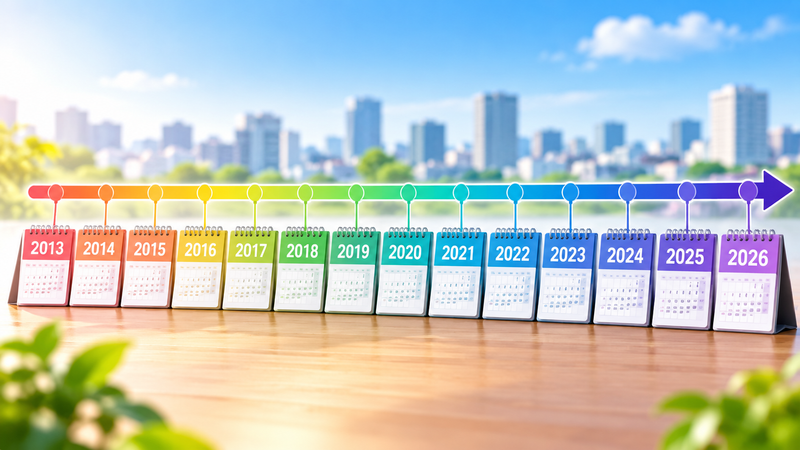 2013年から2026年までの時系列をイメージしたカレンダー