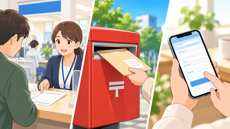 市役所窓口、郵送、スマートフォンによる申出方法をイメージしたイラスト