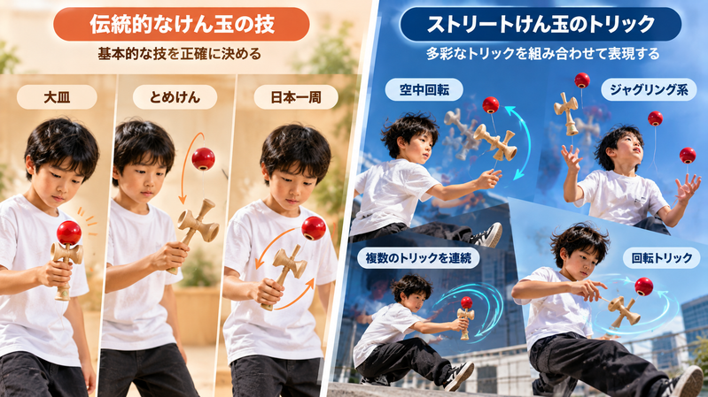 基本的なけん玉の技とストリートけん玉のトリックの違いを表したイラスト