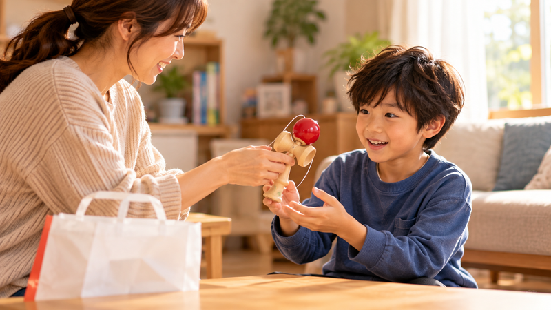 母親からもらった木製けん玉をきっかけに練習を始める小学生のイメージ